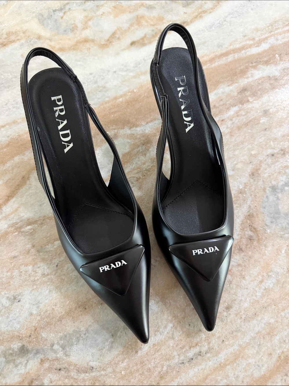 Black Pointed Leather Slingback Pumps with Logo Triangle box included